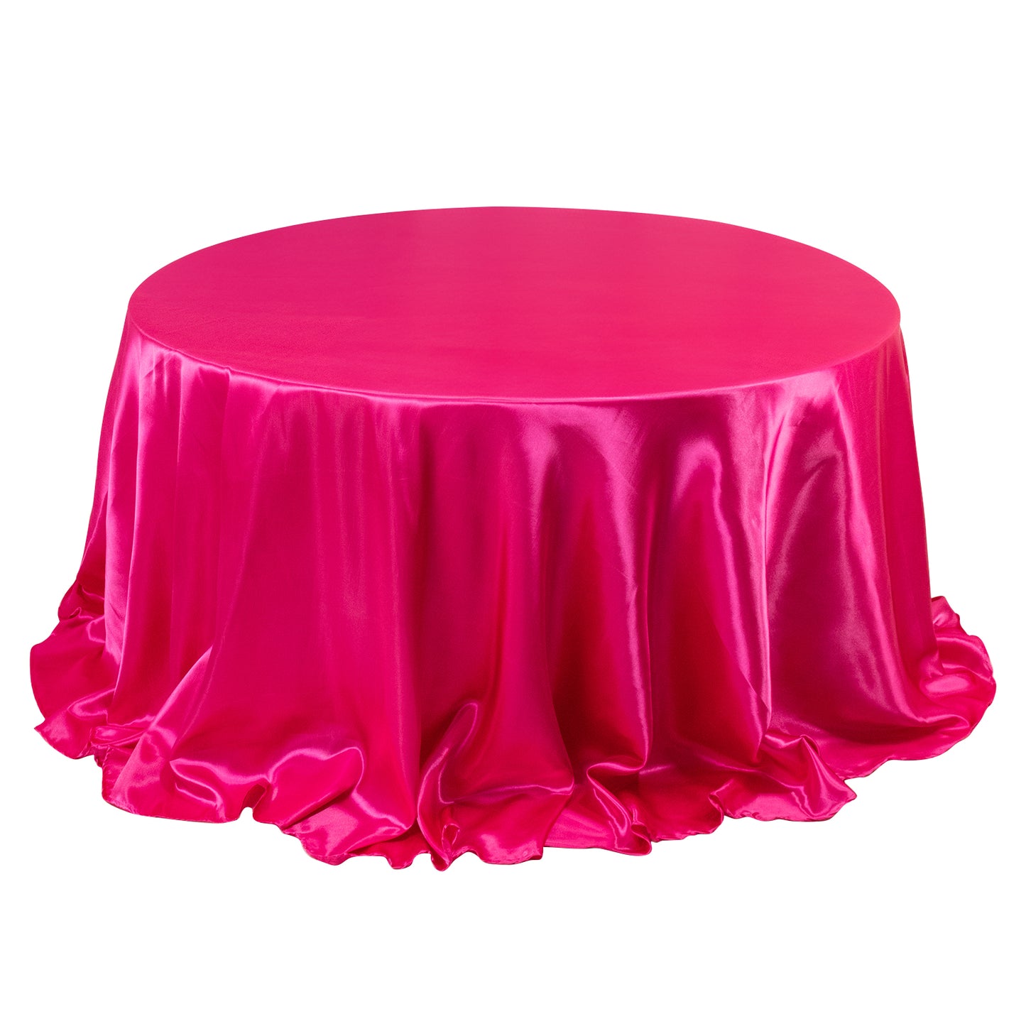 132" Fuchsia Seamless Satin Round Tablecloth for 6 Foot Table With Floor-Length Drop