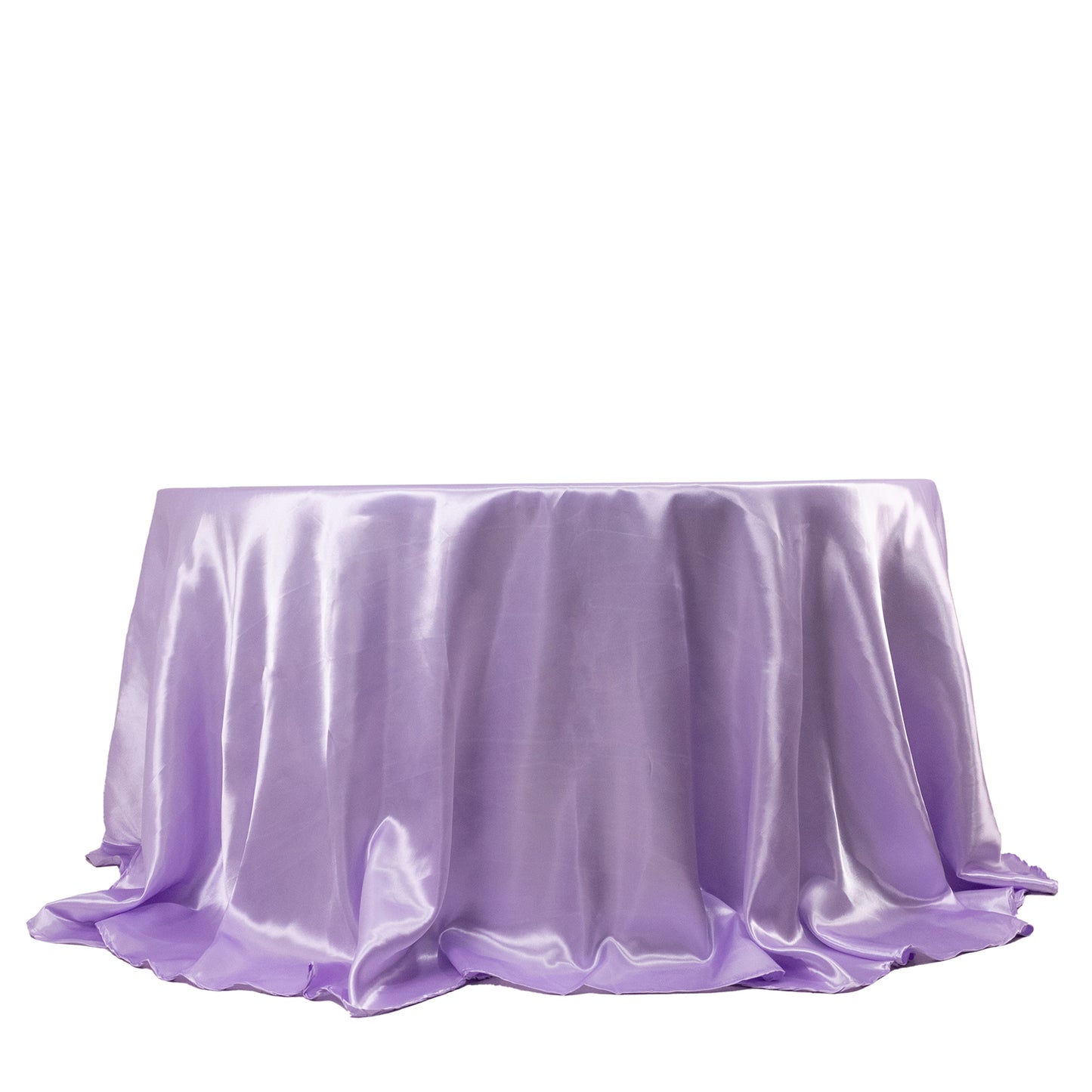 132" Lavender Lilac Seamless Satin Round Tablecloth for 6 Foot Table With Floor-Length Drop