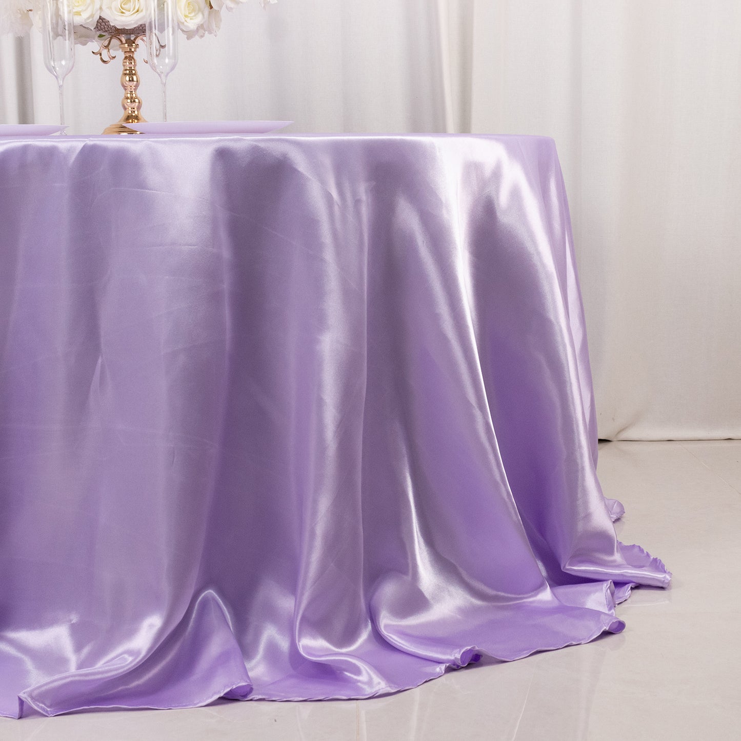 132" Lavender Lilac Seamless Satin Round Tablecloth for 6 Foot Table With Floor-Length Drop