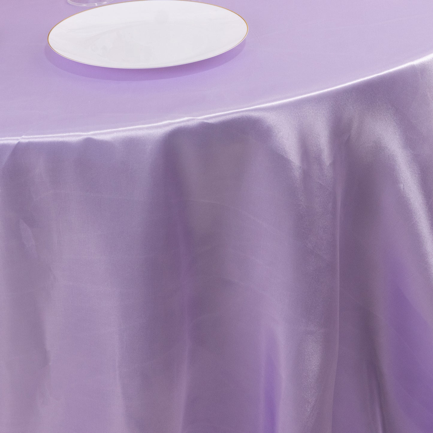 132" Lavender Lilac Seamless Satin Round Tablecloth for 6 Foot Table With Floor-Length Drop