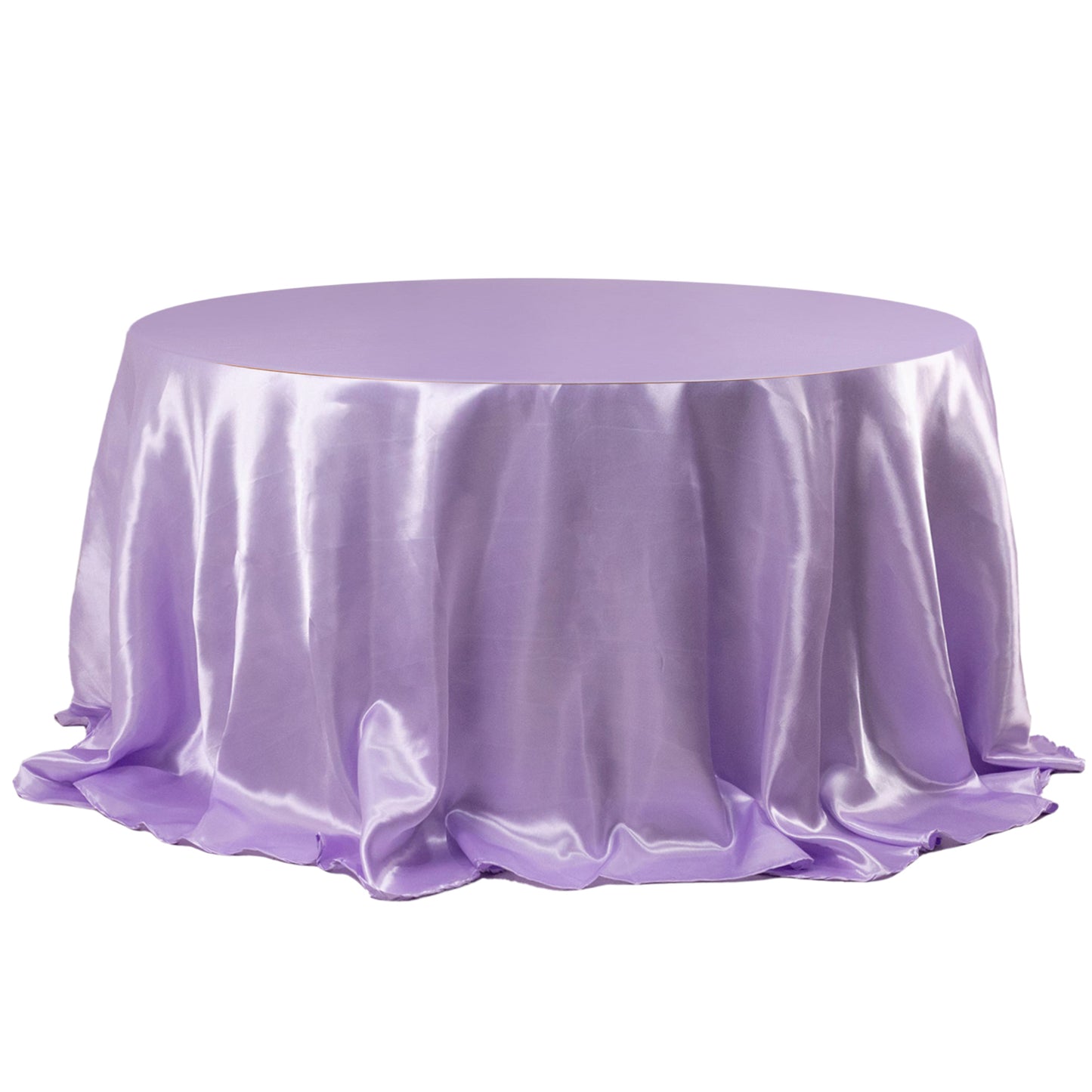 132" Lavender Lilac Seamless Satin Round Tablecloth for 6 Foot Table With Floor-Length Drop