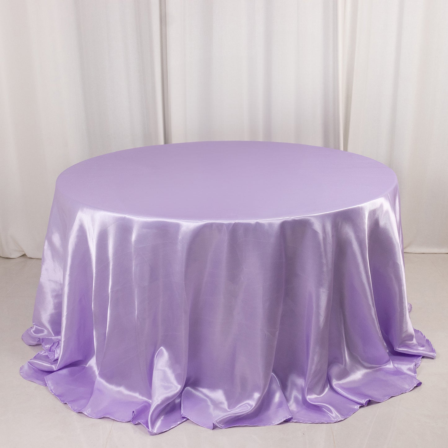 132" Lavender Lilac Seamless Satin Round Tablecloth for 6 Foot Table With Floor-Length Drop