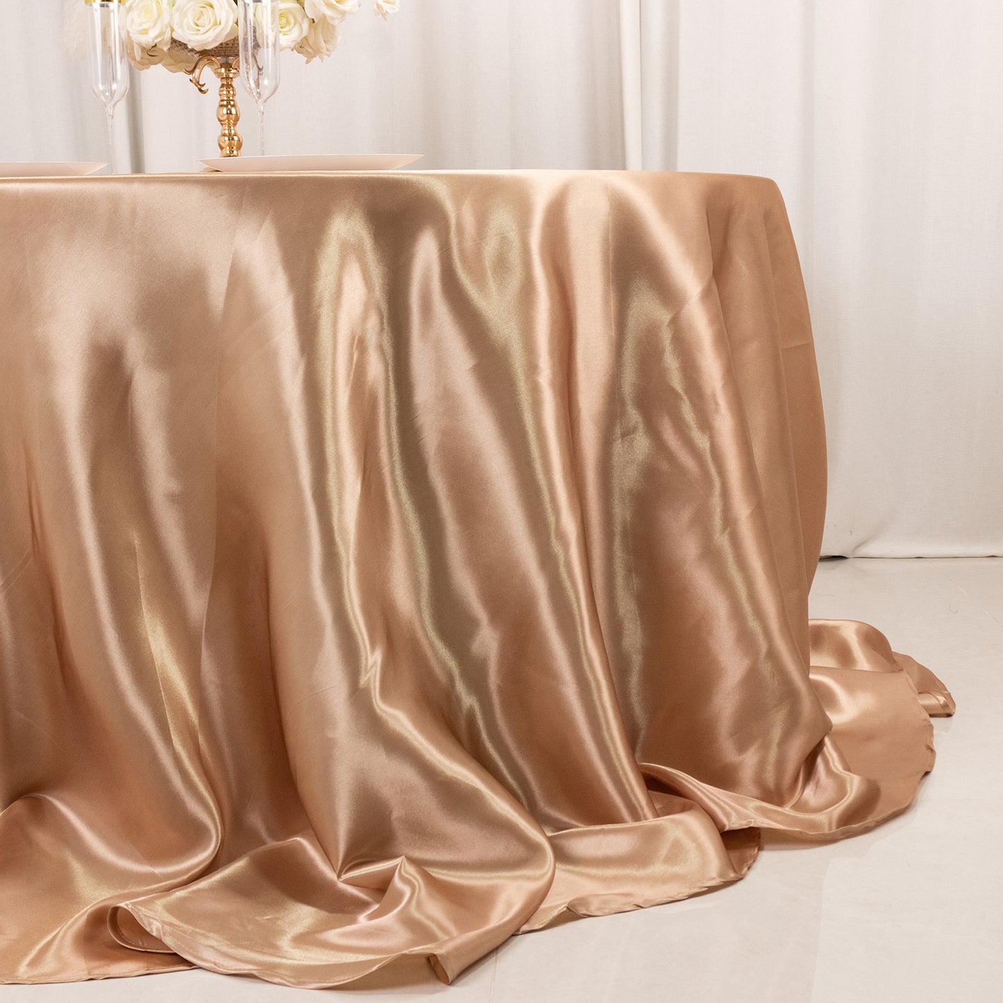132" Nude Seamless Satin Round Tablecloth for 6 Foot Table With Floor-Length Drop