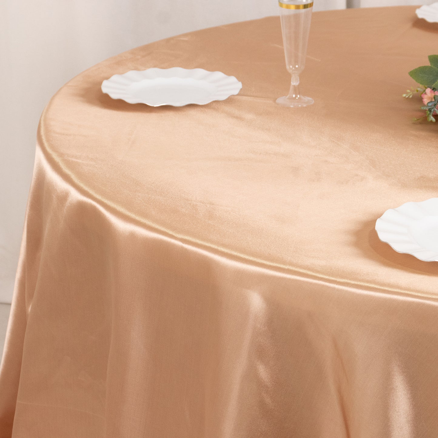132" Nude Seamless Satin Round Tablecloth for 6 Foot Table With Floor-Length Drop