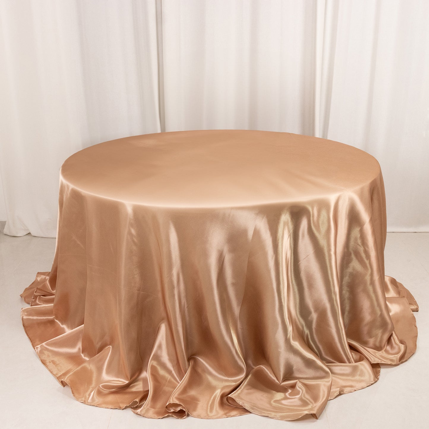 132" Nude Seamless Satin Round Tablecloth for 6 Foot Table With Floor-Length Drop