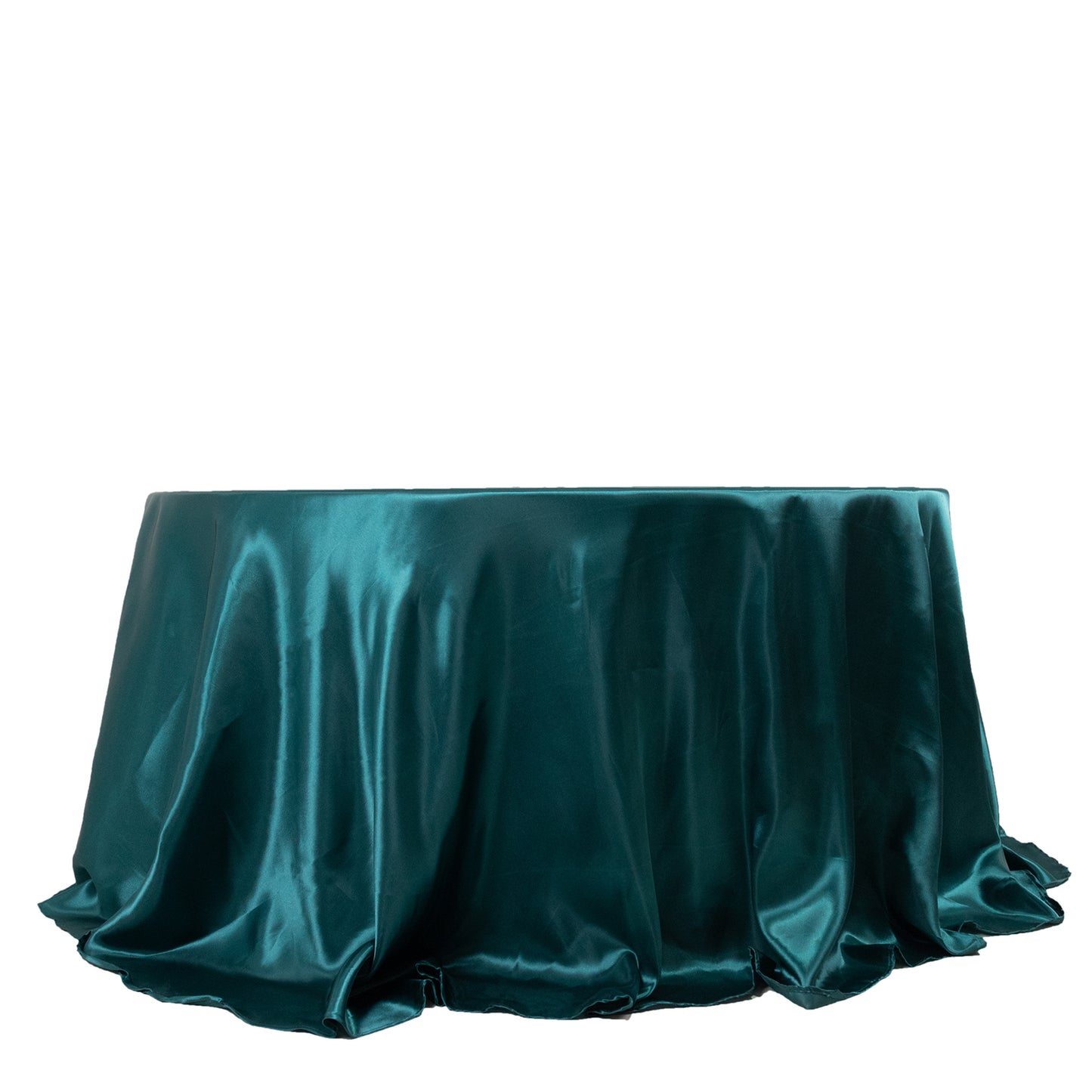 132" Peacock Teal Seamless Satin Round Tablecloth for 6 Foot Table With Floor-Length Drop