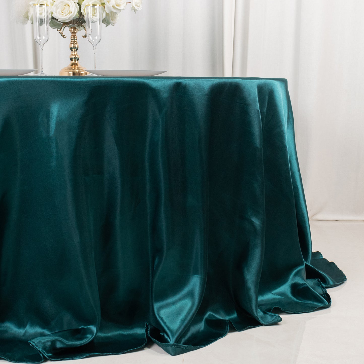 132" Peacock Teal Seamless Satin Round Tablecloth for 6 Foot Table With Floor-Length Drop