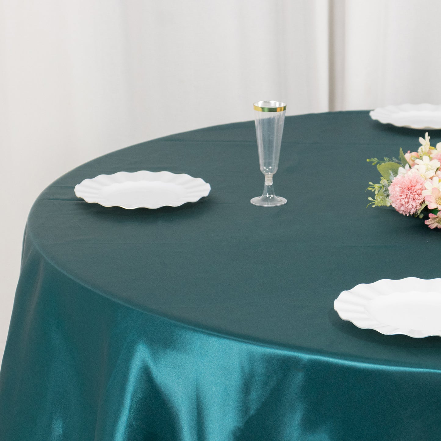 132" Peacock Teal Seamless Satin Round Tablecloth for 6 Foot Table With Floor-Length Drop