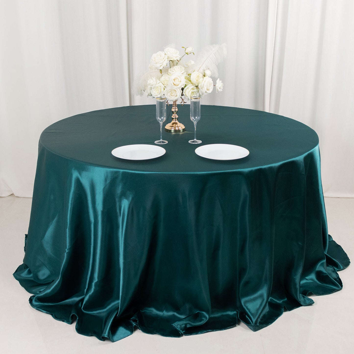 132" Peacock Teal Seamless Satin Round Tablecloth for 6 Foot Table With Floor-Length Drop