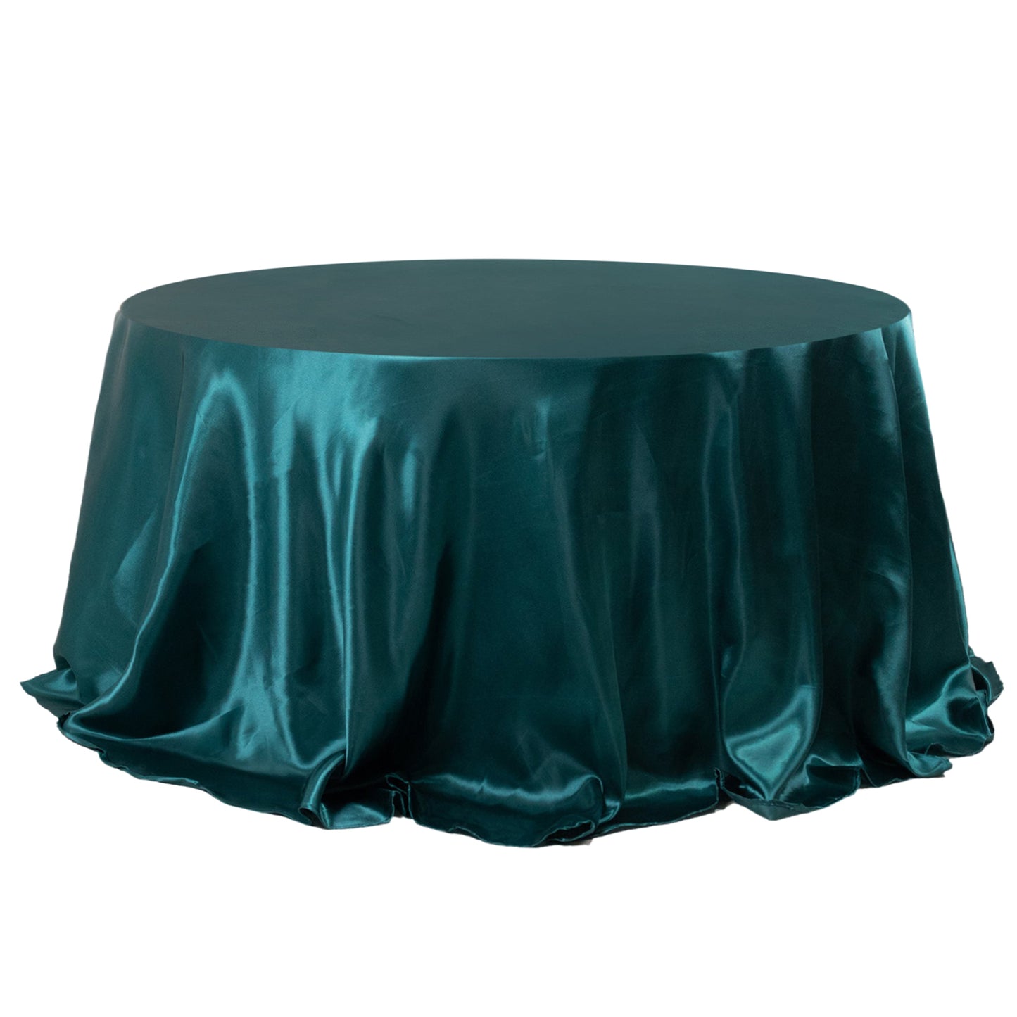 132" Peacock Teal Seamless Satin Round Tablecloth for 6 Foot Table With Floor-Length Drop