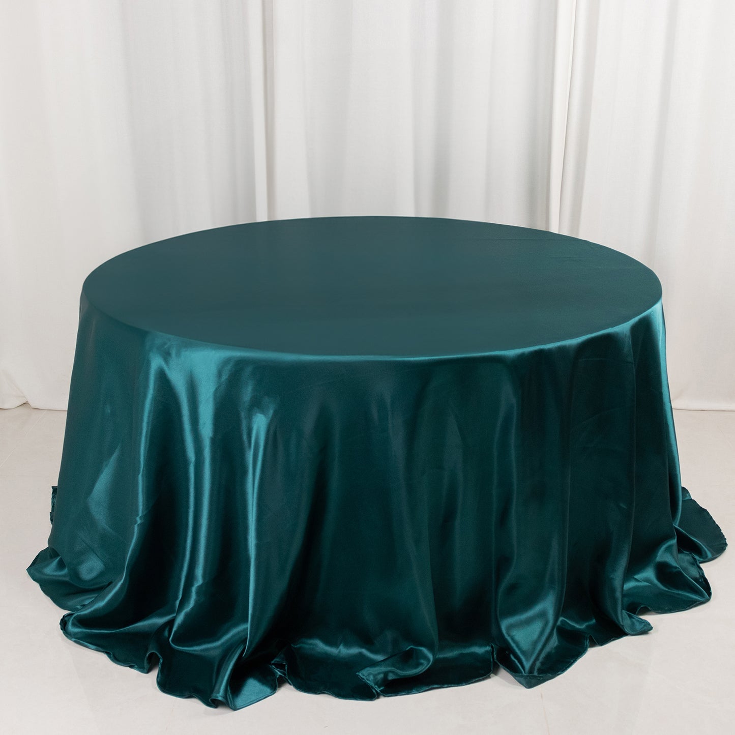 132" Peacock Teal Seamless Satin Round Tablecloth for 6 Foot Table With Floor-Length Drop