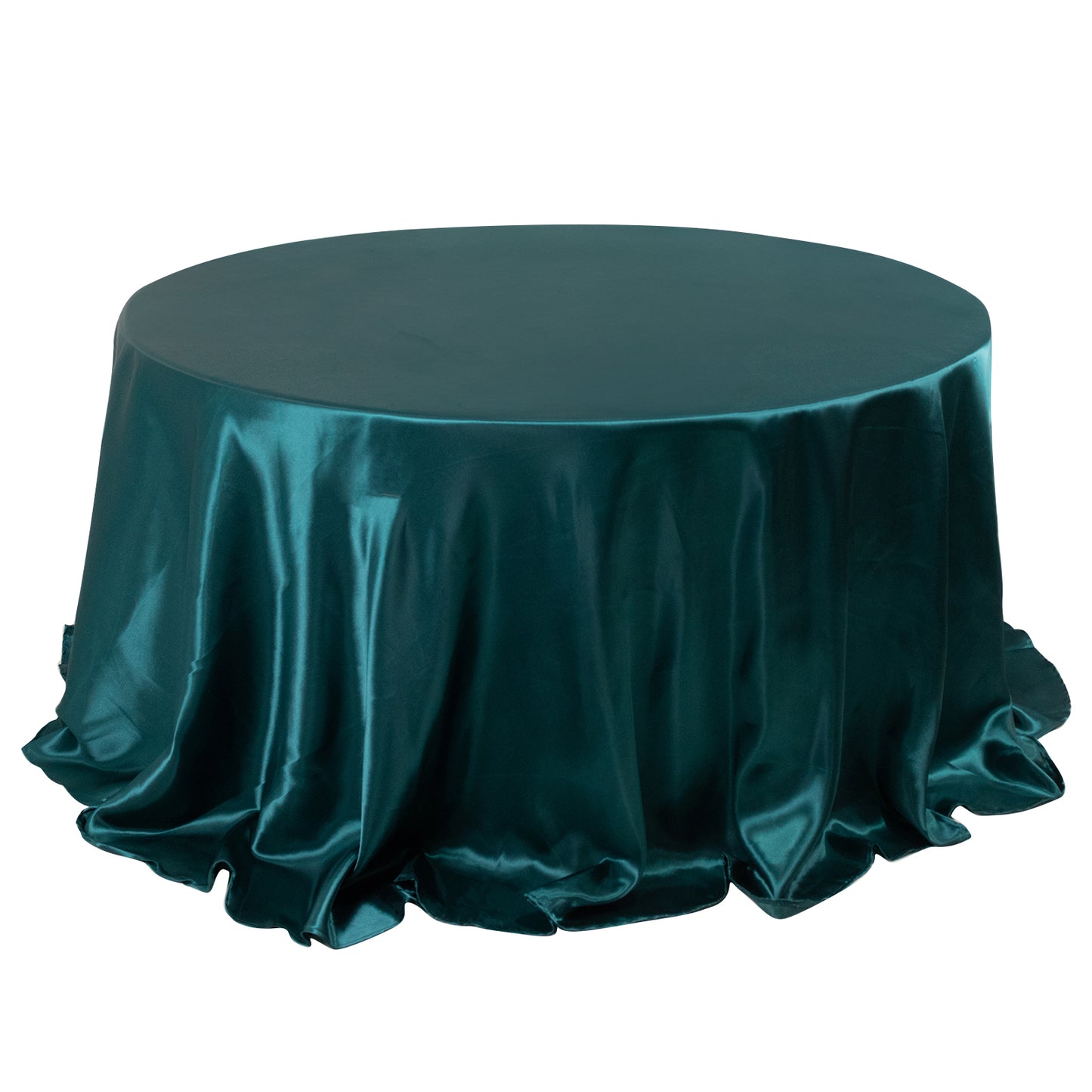 132" Peacock Teal Seamless Satin Round Tablecloth for 6 Foot Table With Floor-Length Drop