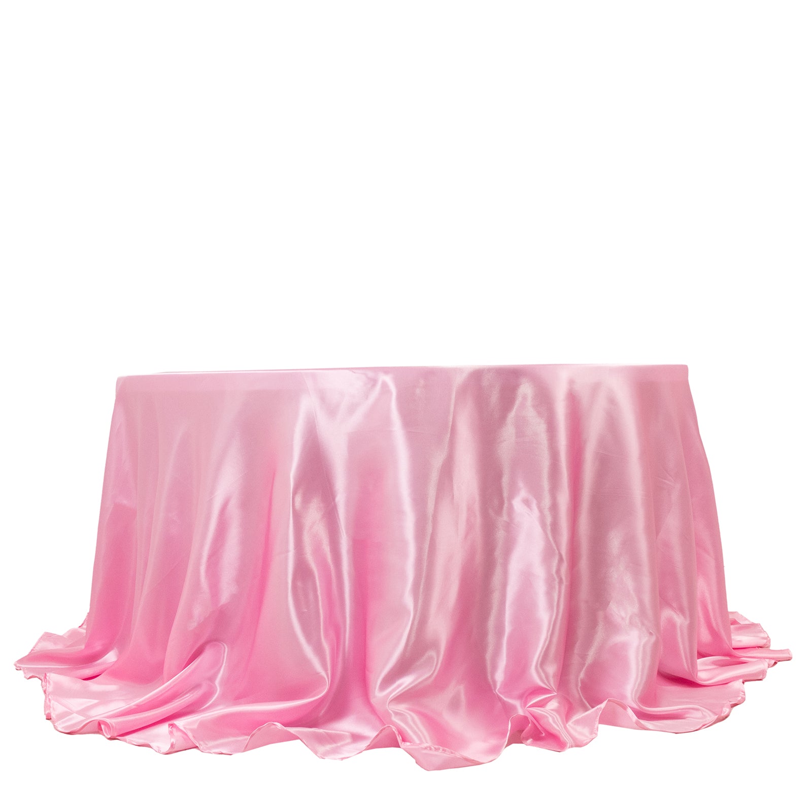 132" Pink Seamless Satin Round Tablecloth for 6 Foot Table with Floor-Length Drop