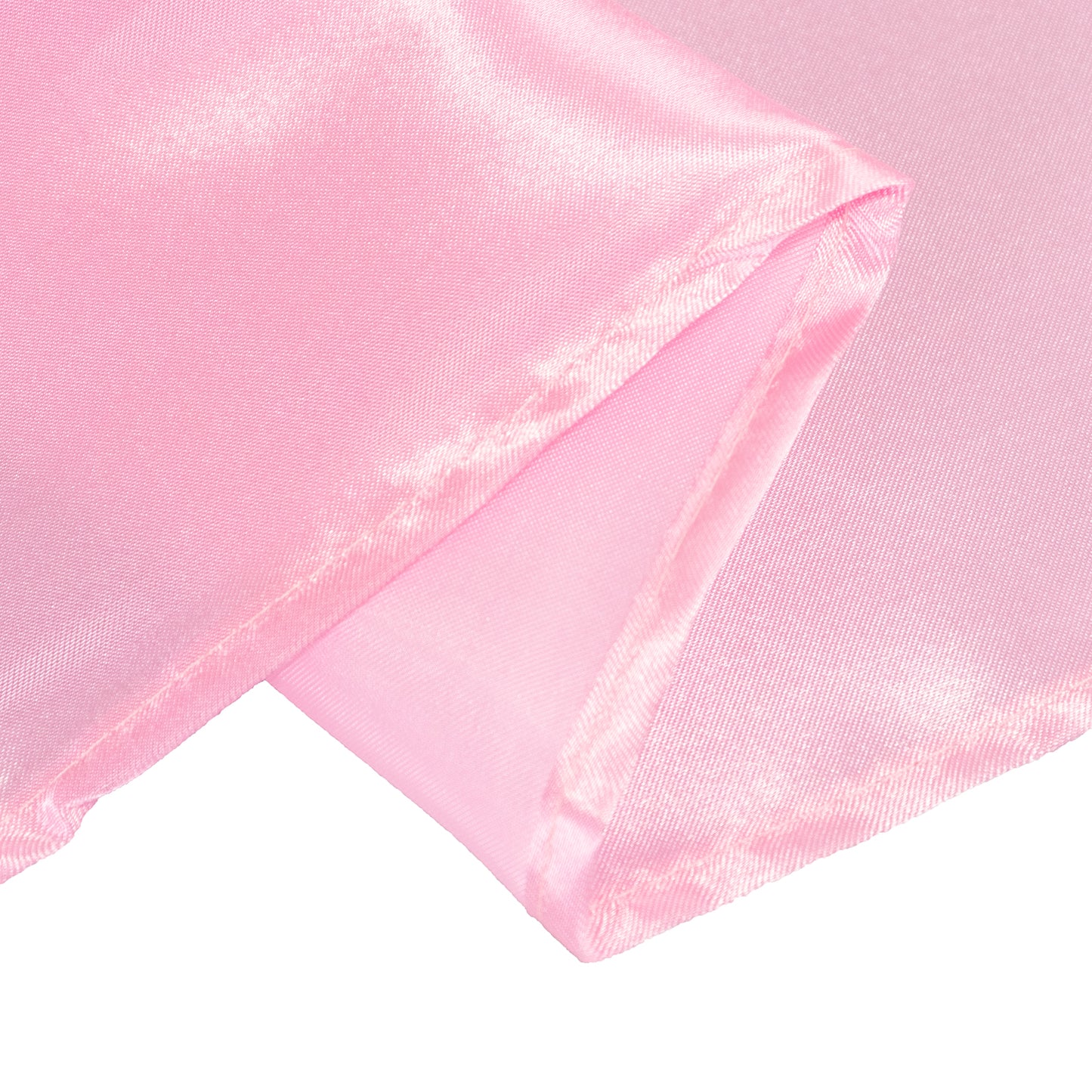 Pink satin round tablecloth for 6 foot table with floor-length drop.