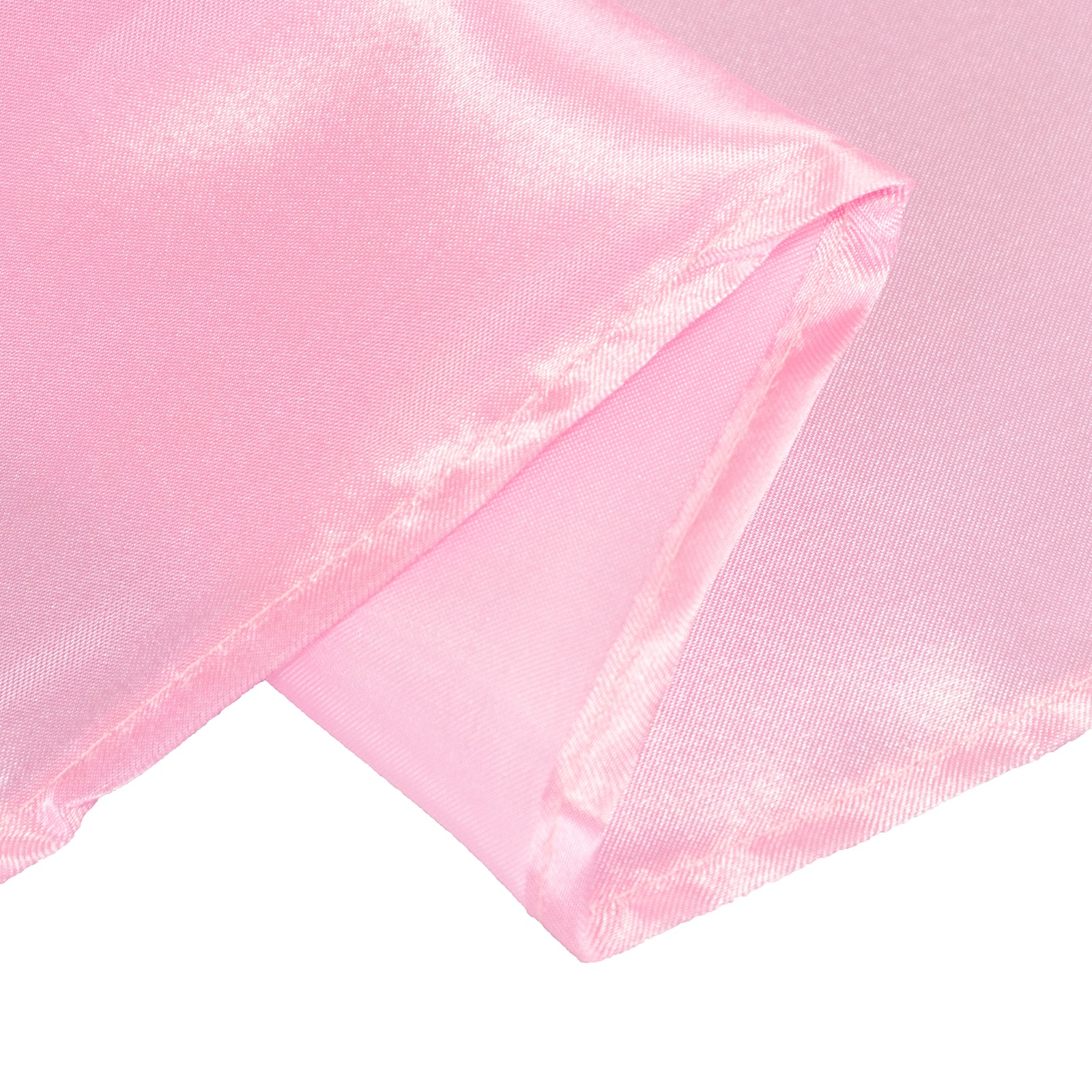Pink satin round tablecloth for 6 foot table with floor-length drop.