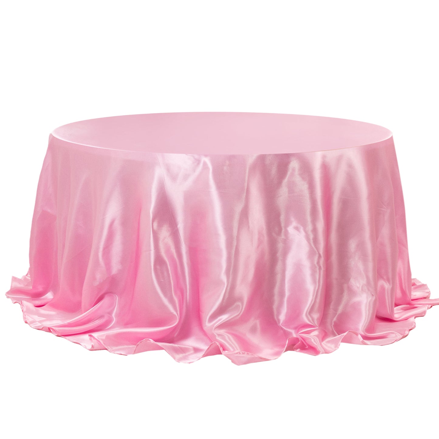 132" Pink Satin Round Tablecloth for 6 Foot Table with Floor-Length Drop