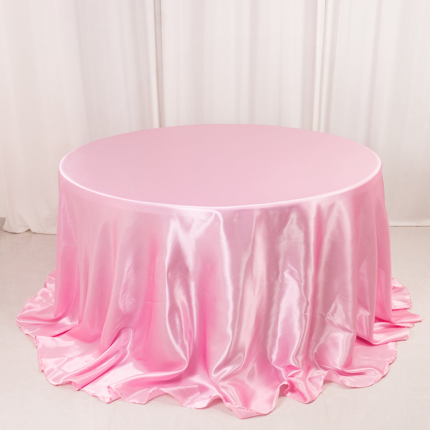 132" Pink Seamless Satin Round Tablecloth for 6 Foot Table
