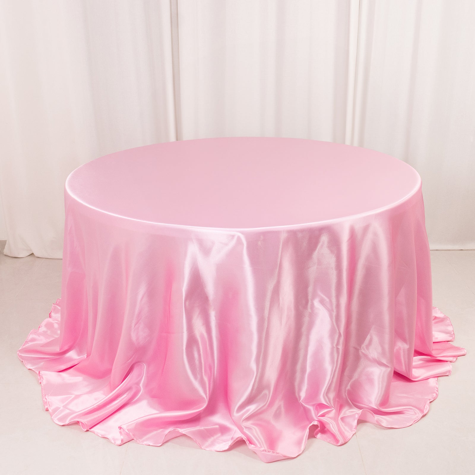 132" Pink Seamless Satin Round Tablecloth for 6 Foot Table
