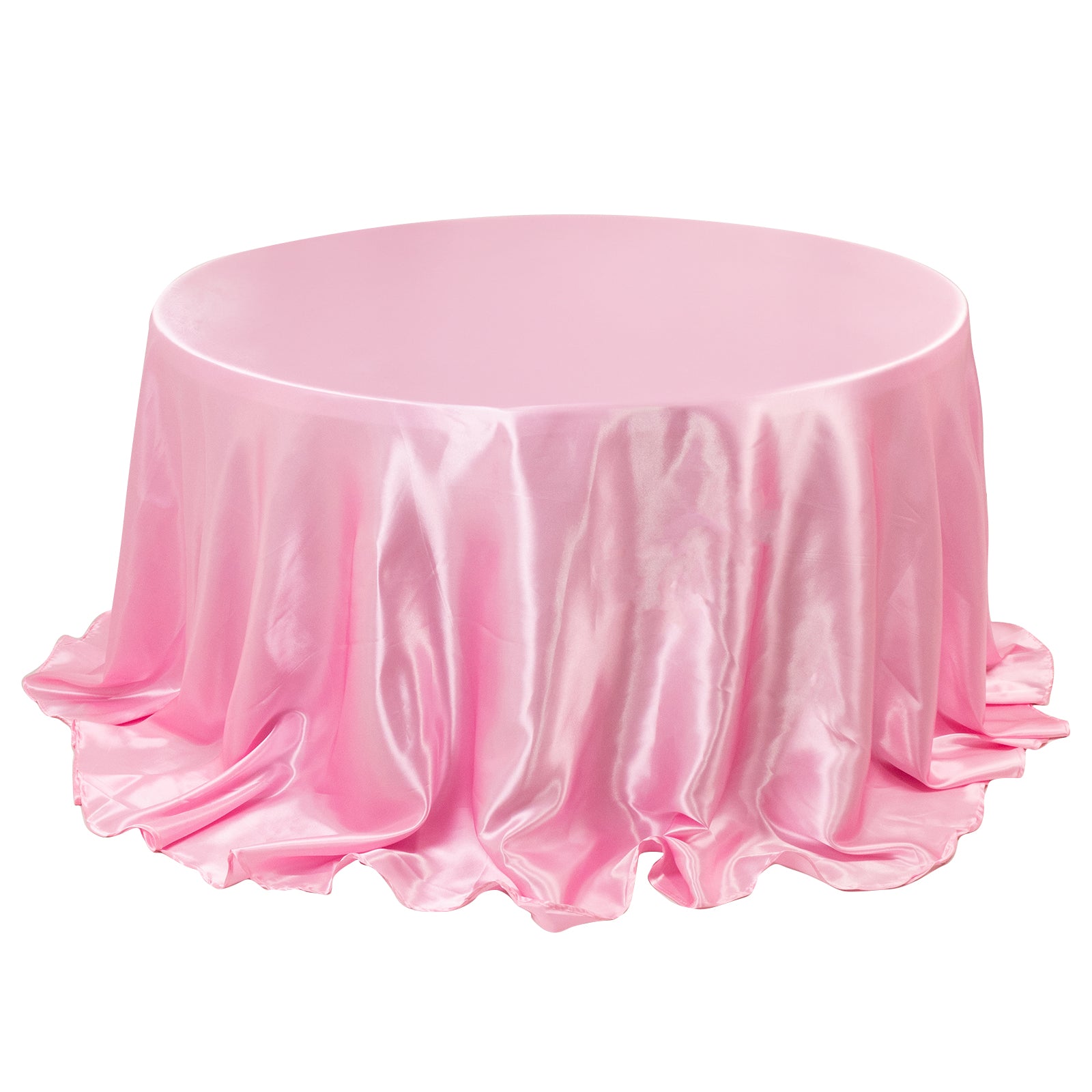 Pink satin round tablecloth for 6-foot table with floor-length drop.