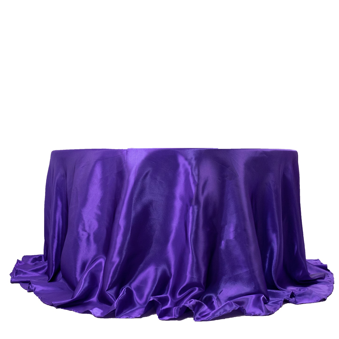 132" Purple Seamless Satin Round Tablecloth for 6 Foot Table With Floor-Length Drop