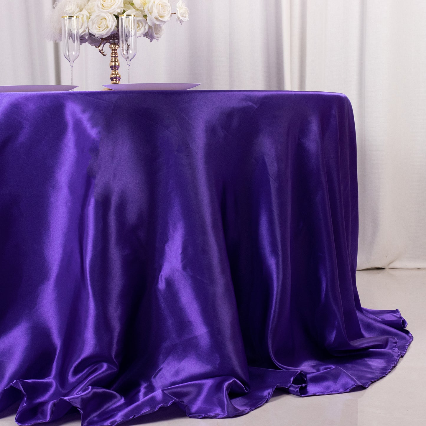 132" Purple Seamless Satin Round Tablecloth for 6 Foot Table With Floor-Length Drop