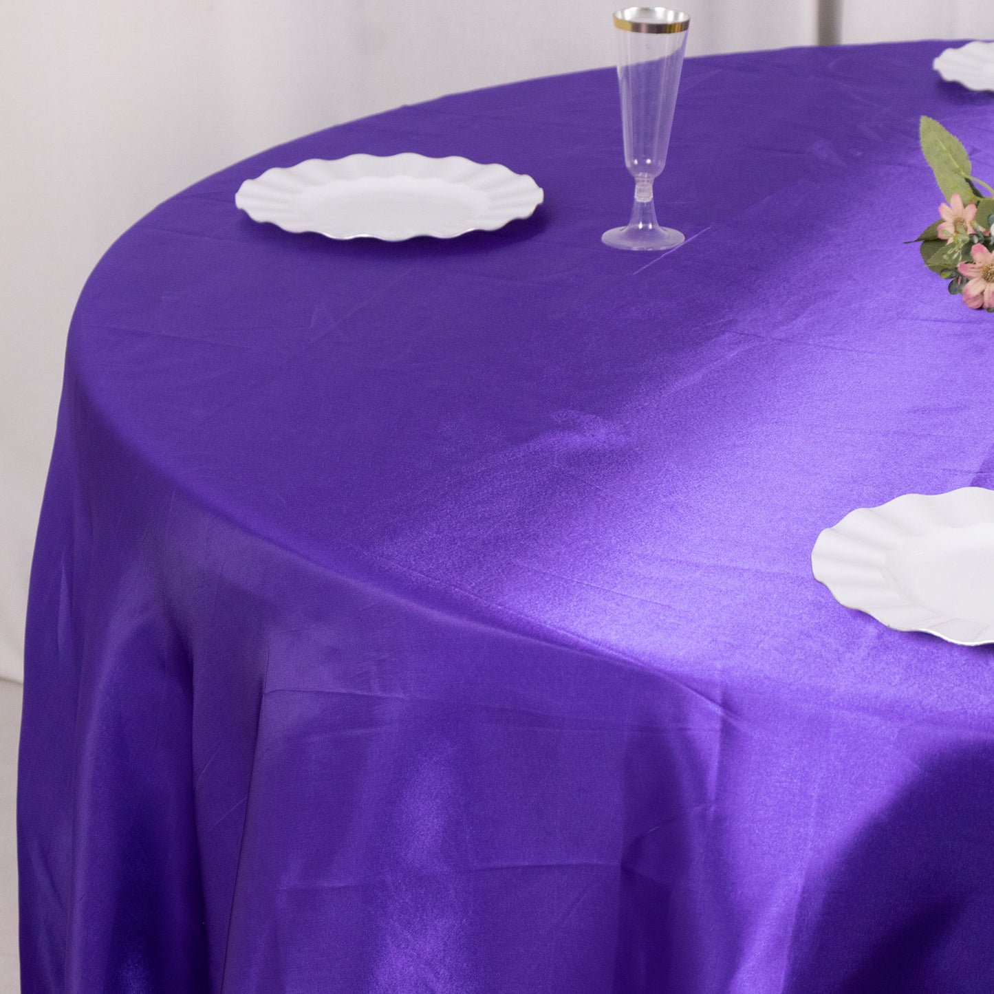 132" Purple Seamless Satin Round Tablecloth for 6 Foot Table With Floor-Length Drop