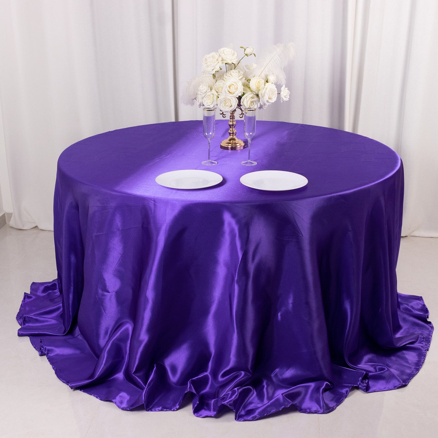 132" Purple Seamless Satin Round Tablecloth for 6 Foot Table With Floor-Length Drop