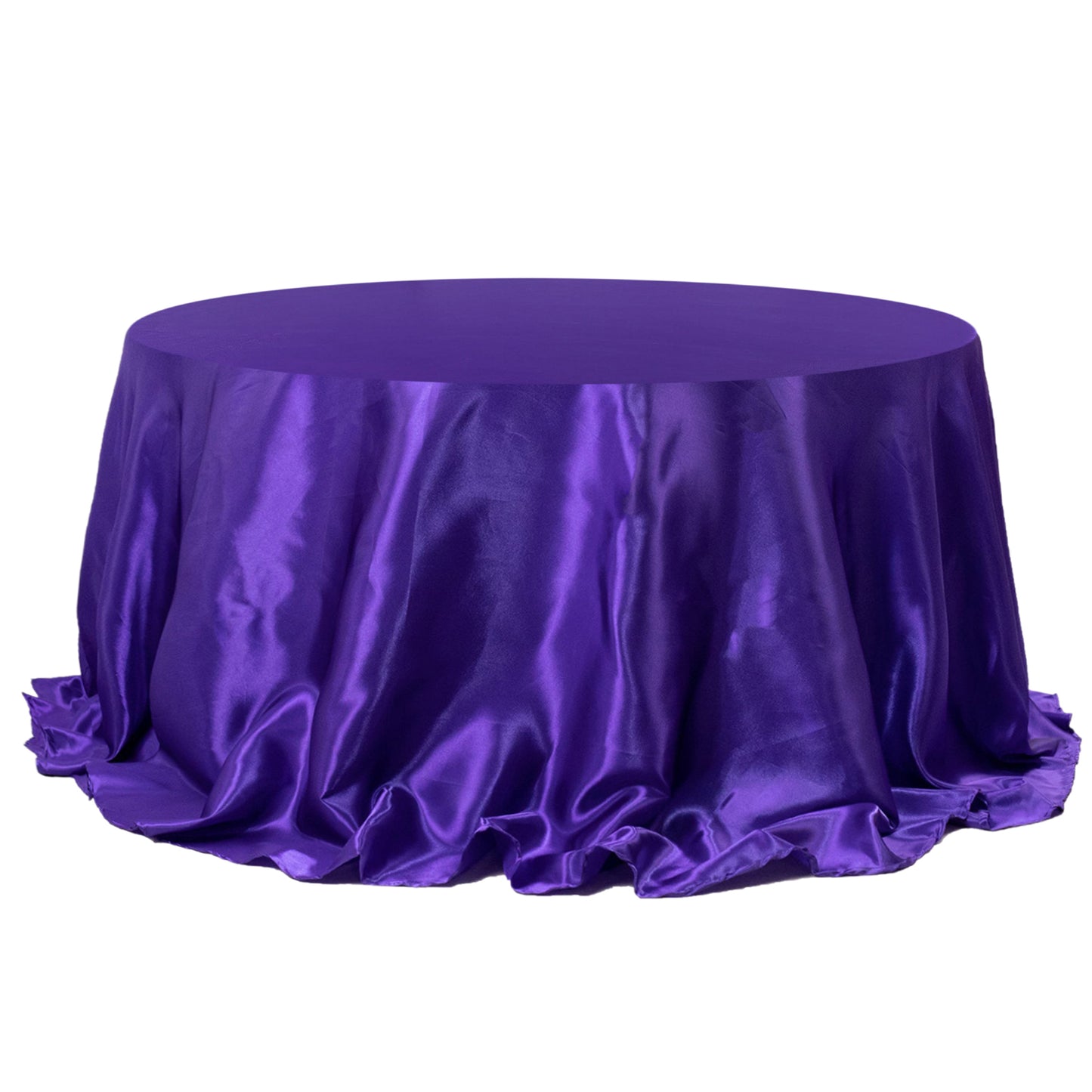 132" Purple Seamless Satin Round Tablecloth for 6 Foot Table With Floor-Length Drop