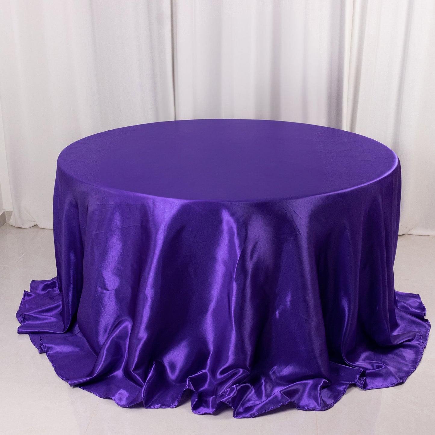 132" Purple Seamless Satin Round Tablecloth for 6 Foot Table With Floor-Length Drop