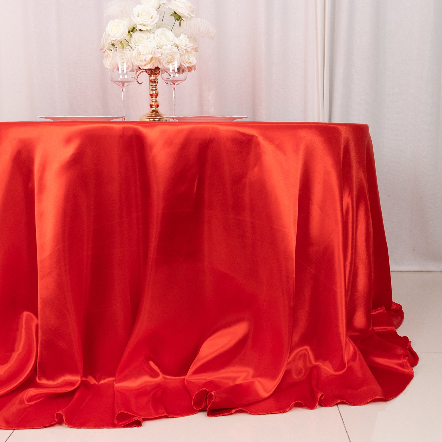 132" Red Seamless Satin Round Tablecloth