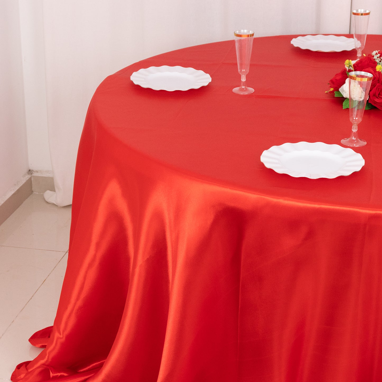 132" Red Seamless Satin Round Tablecloth