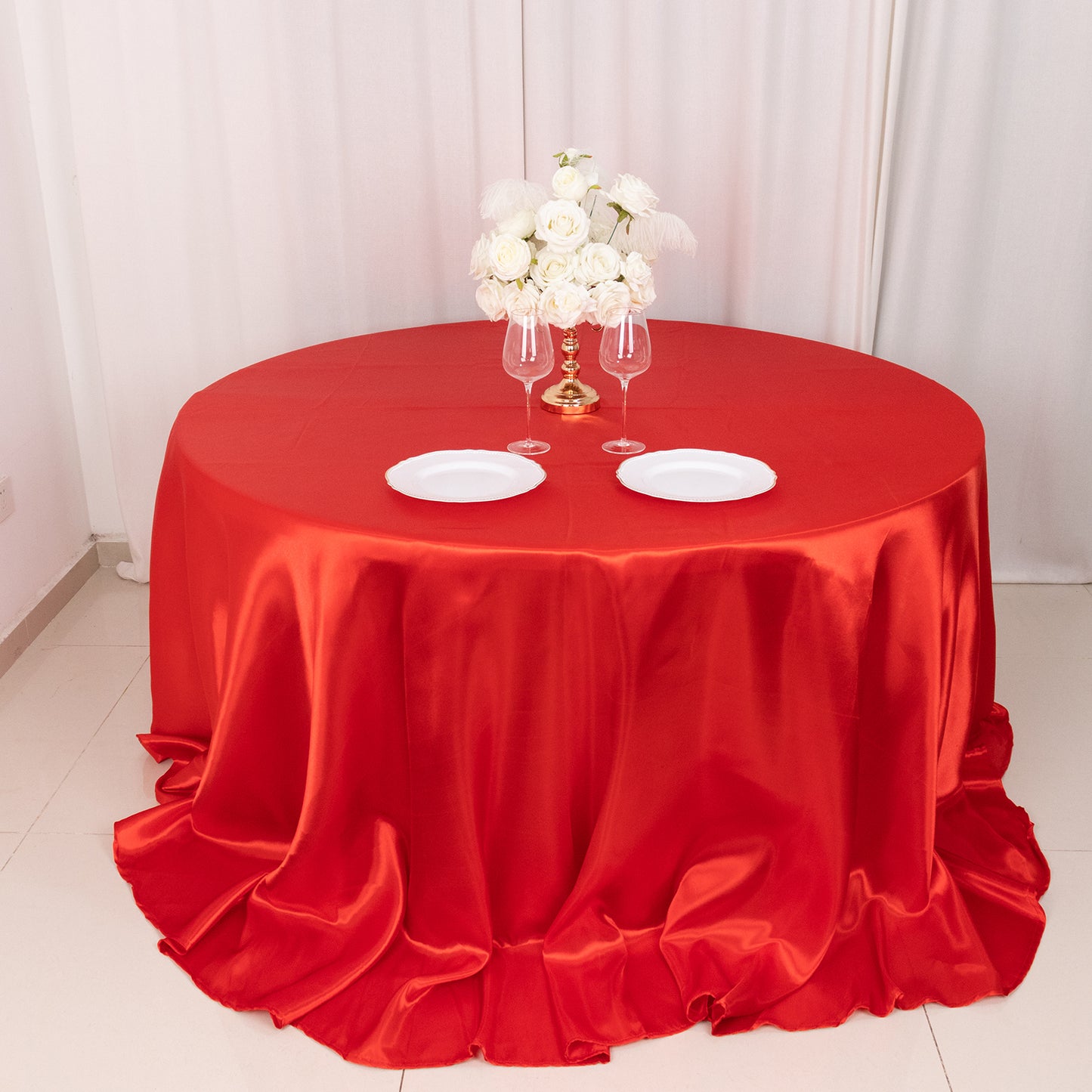 132" Red Seamless Satin Round Tablecloth