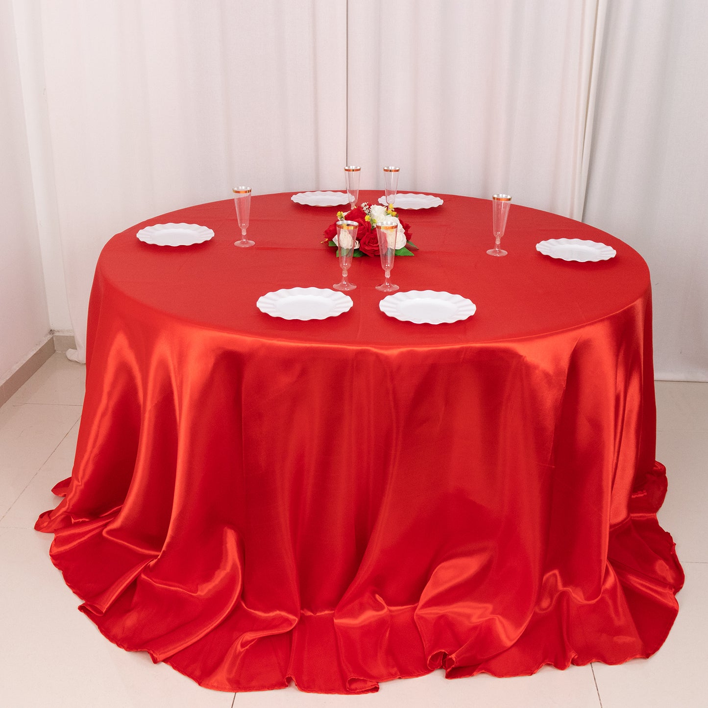 132" Red Seamless Satin Round Tablecloth