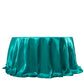 Turquoise satin round tablecloth for 6-foot table with floor-length drop.