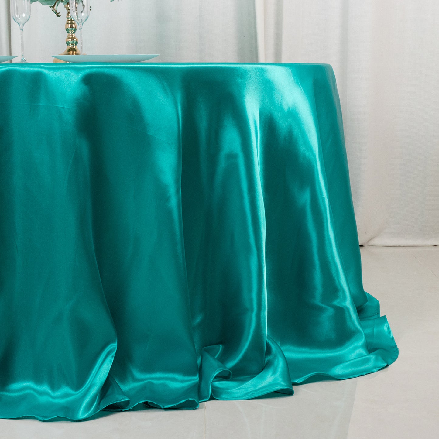 132" Turquoise Seamless Satin Round Tablecloth for 6 Foot Table With Floor-Length Drop