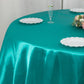 132" Turquoise Seamless Satin Round Tablecloth on a 6-foot table.