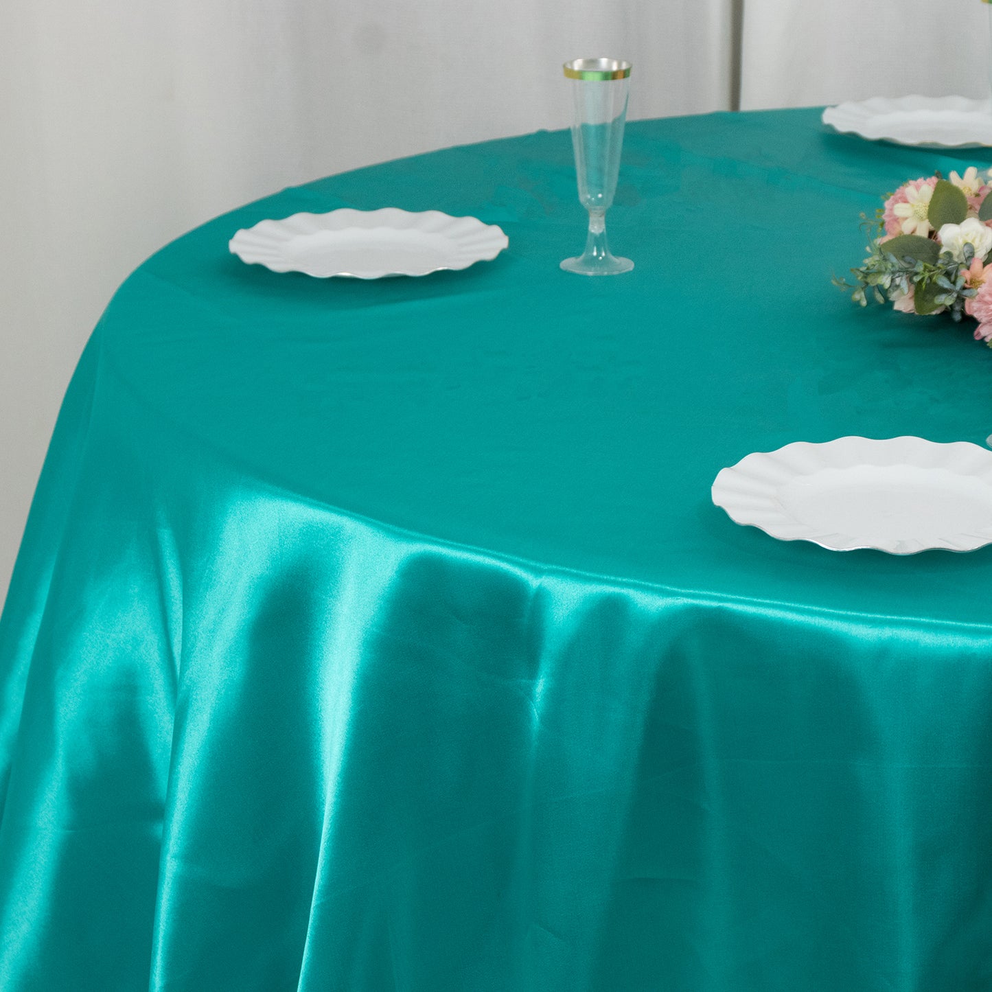 132" Turquoise Seamless Satin Round Tablecloth for 6 Foot Table With Floor-Length Drop