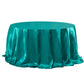 Turquoise satin round tablecloth for 6-foot table with floor-length drop.