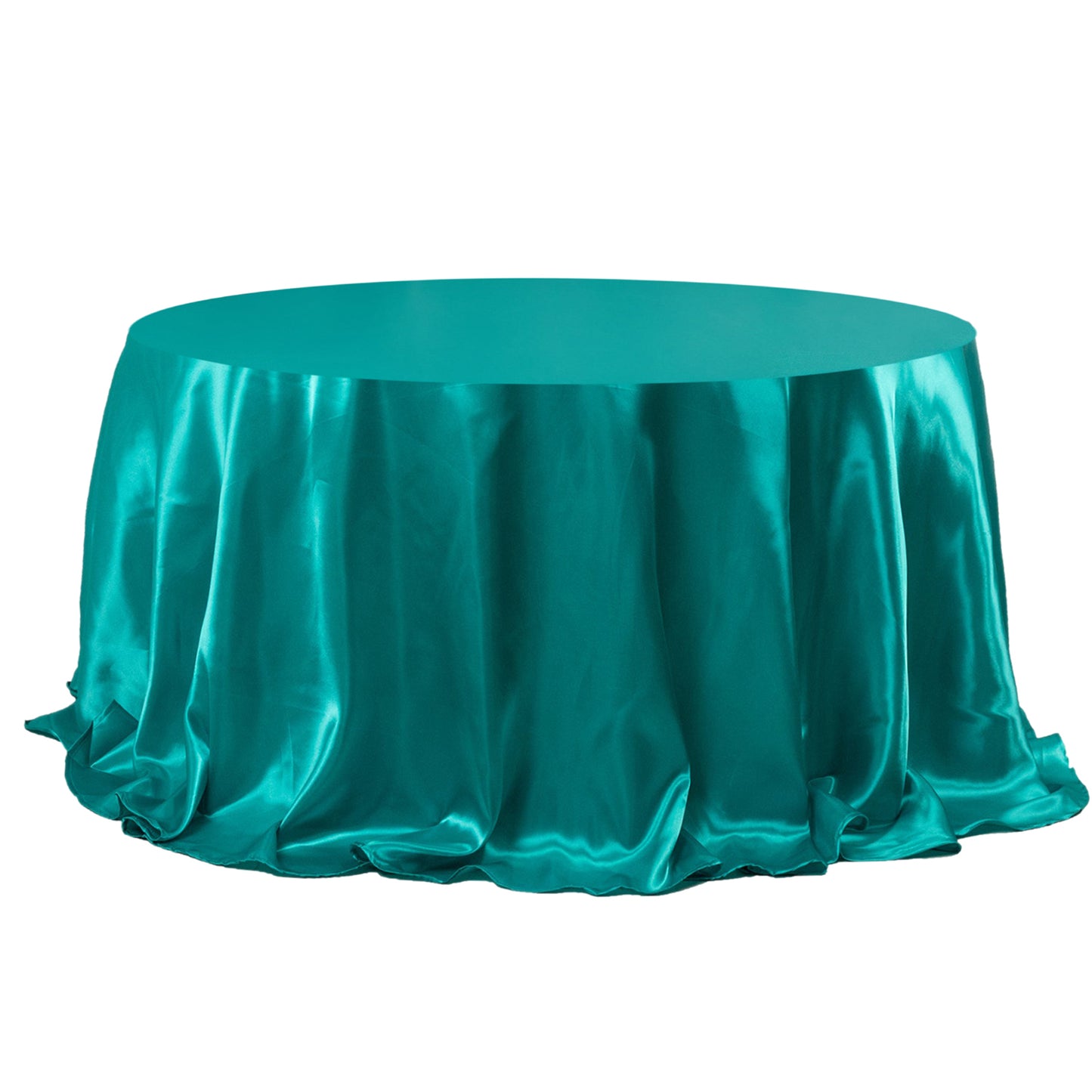 132" Turquoise Seamless Satin Round Tablecloth for 6 Foot Table With Floor-Length Drop