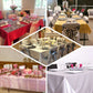 Dusty rose satin rectangular tablecloth on elegantly set tables.