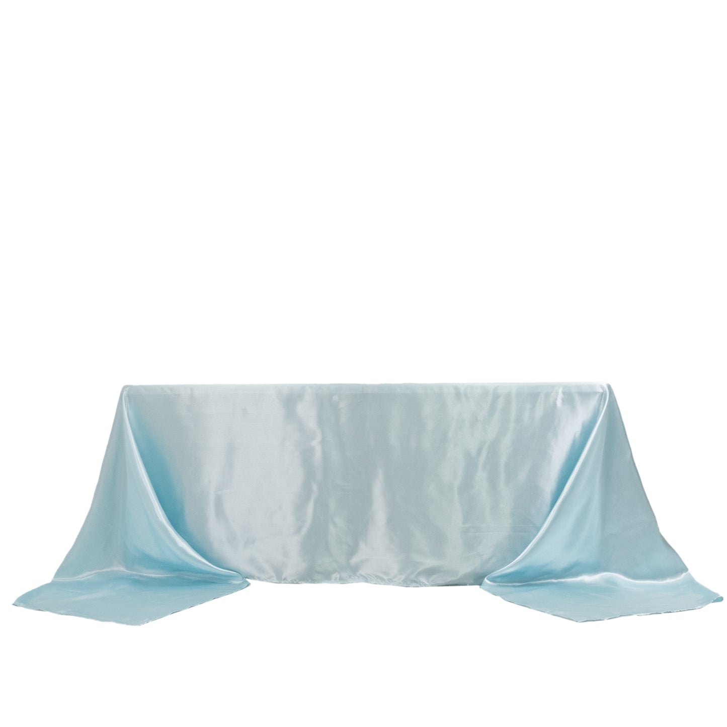 Light blue satin tablecloth for 8-foot table with floor-length drop.