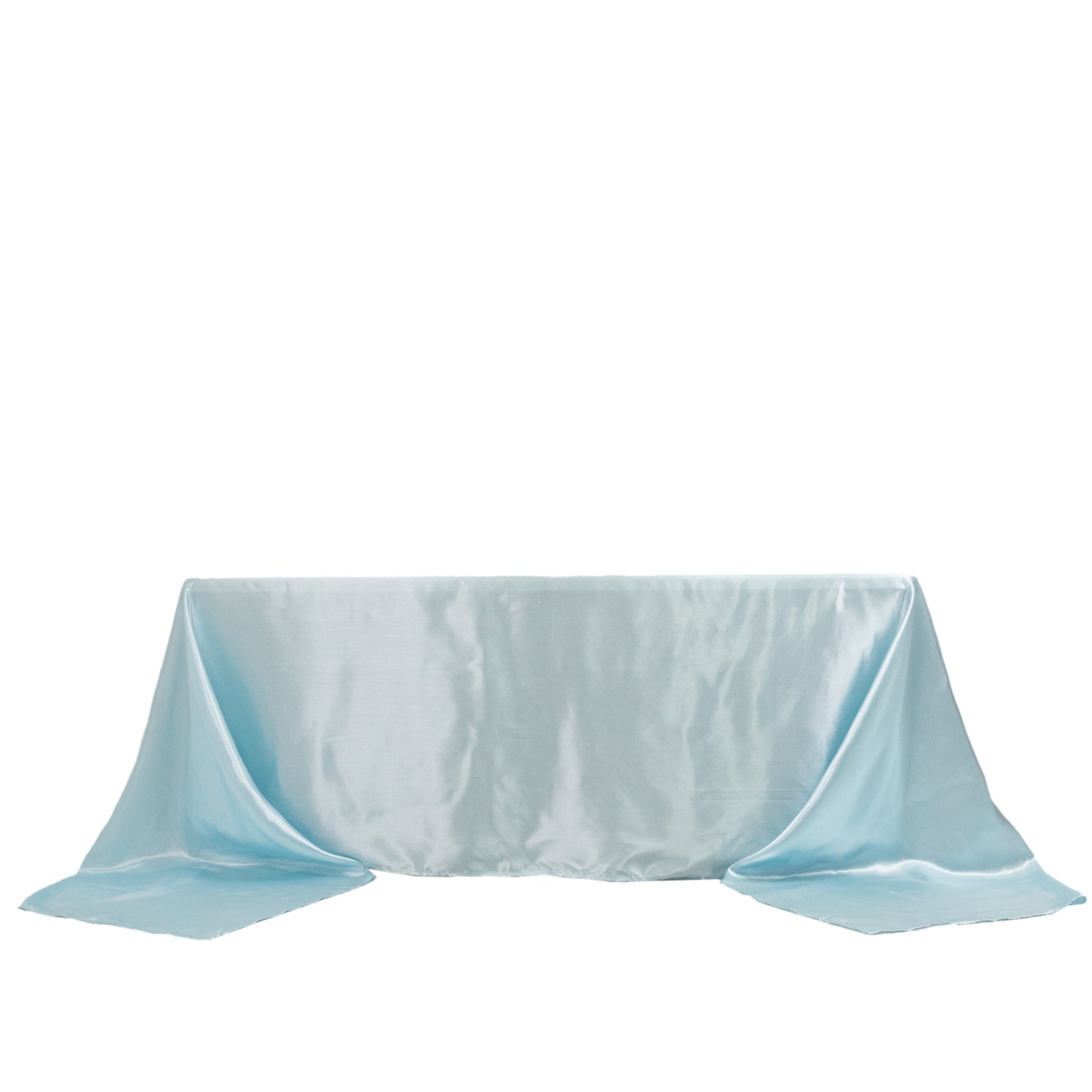 Light blue satin tablecloth for 8-foot table with floor-length drop.