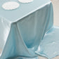 Light blue seamless satin tablecloth for 8-foot table with floor-length drop.