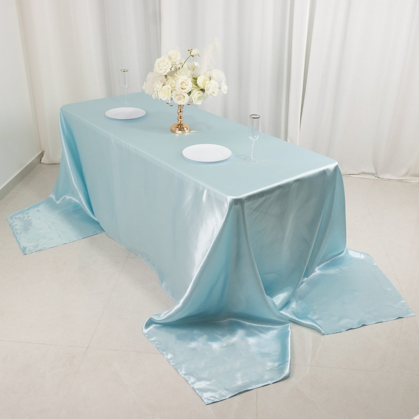 Light blue seamless satin rectangular tablecloth for 8-foot table.