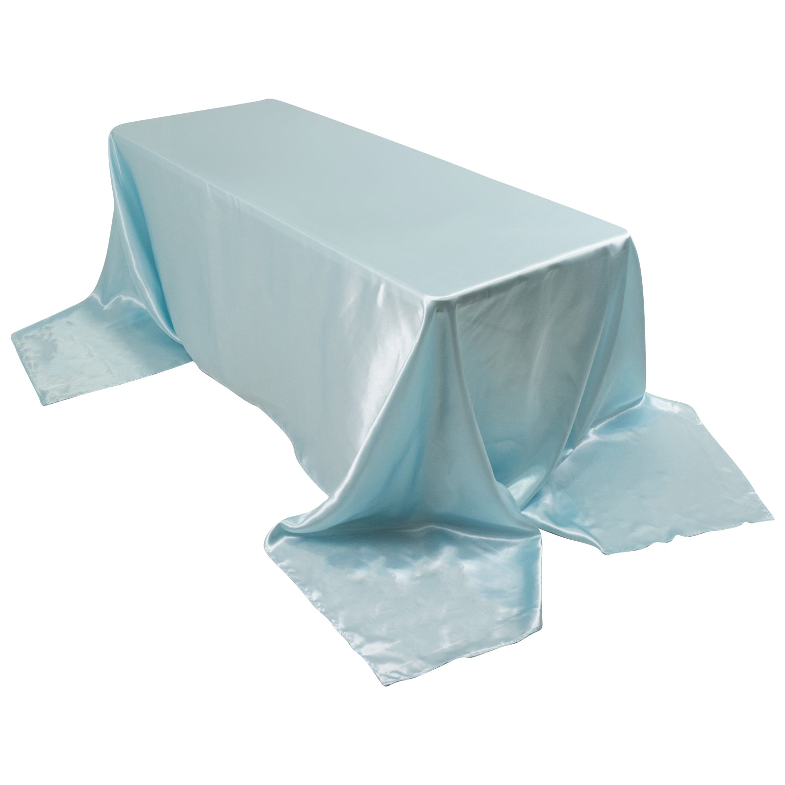 Light blue satin rectangular tablecloth for 8-foot table with floor-length drop.