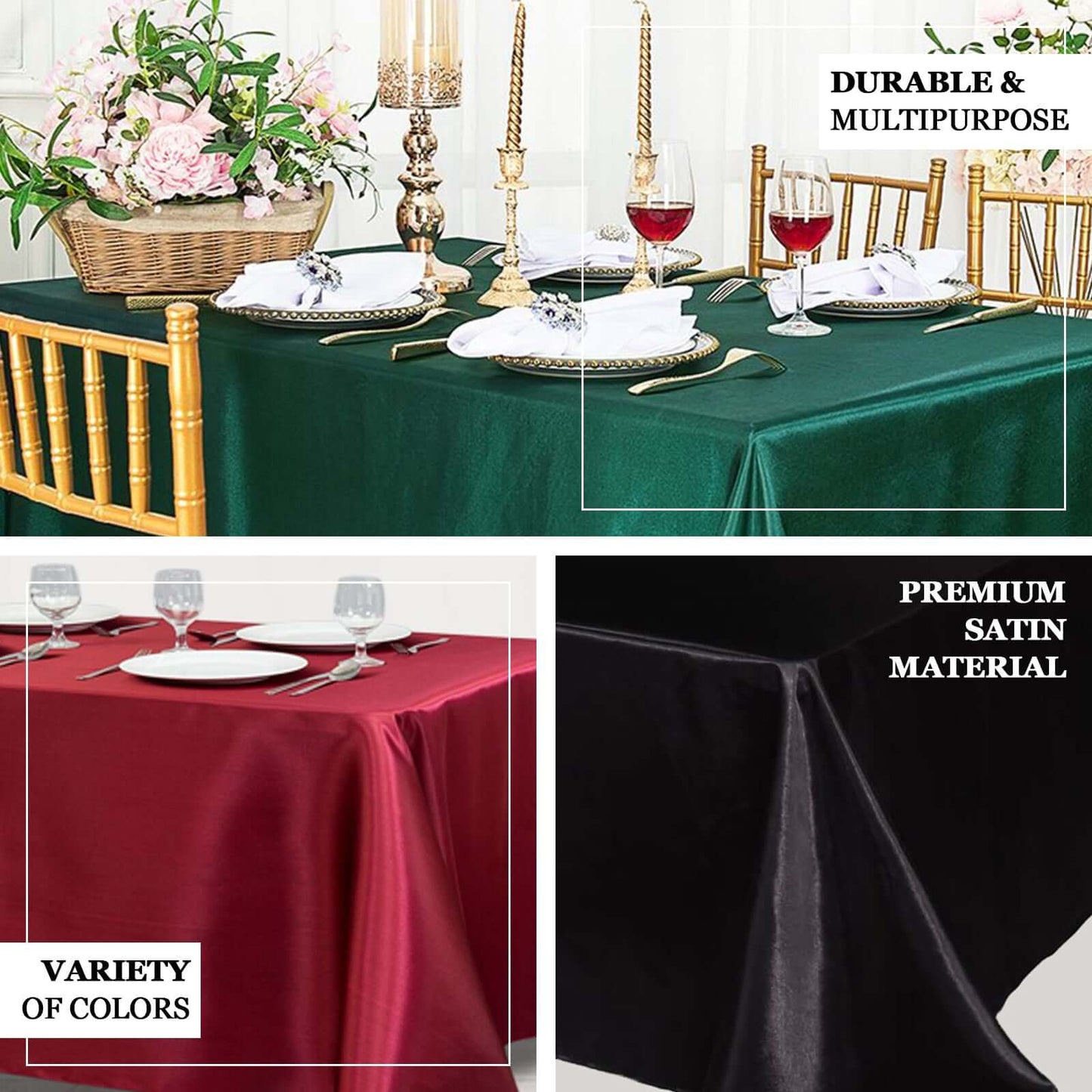 Light blue satin tablecloth for 8-foot table with floor-length drop