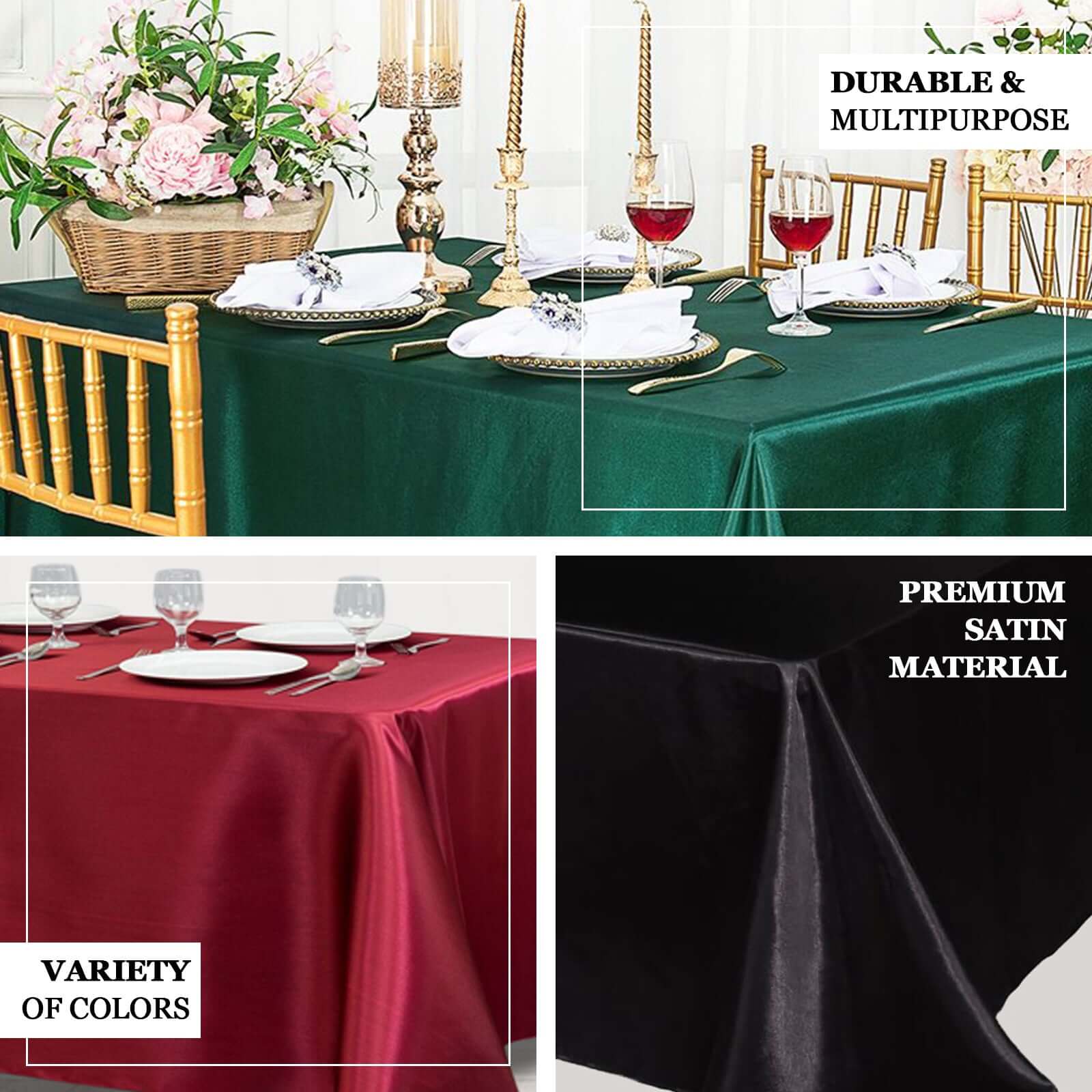 Light blue satin tablecloth for 8-foot table with floor-length drop