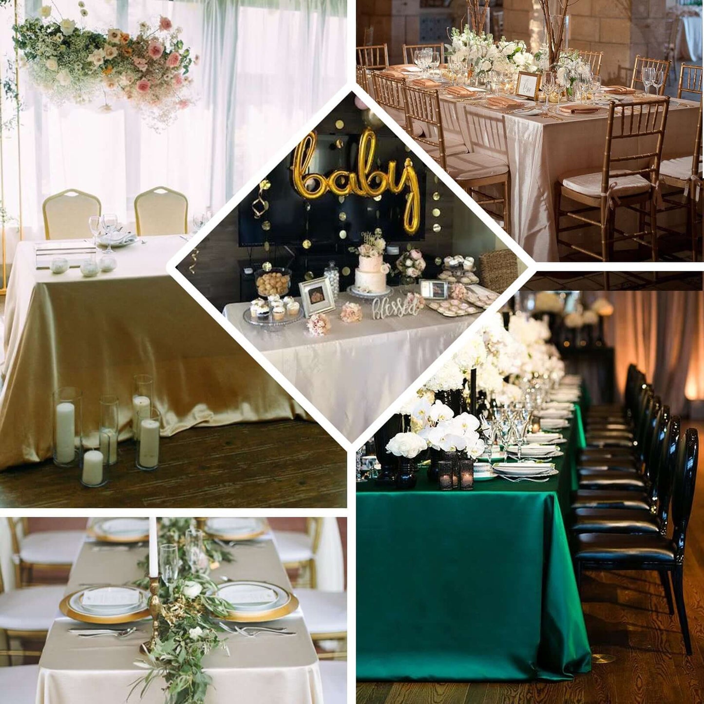 Light blue satin tablecloth for 8-foot table with floor-length drop.