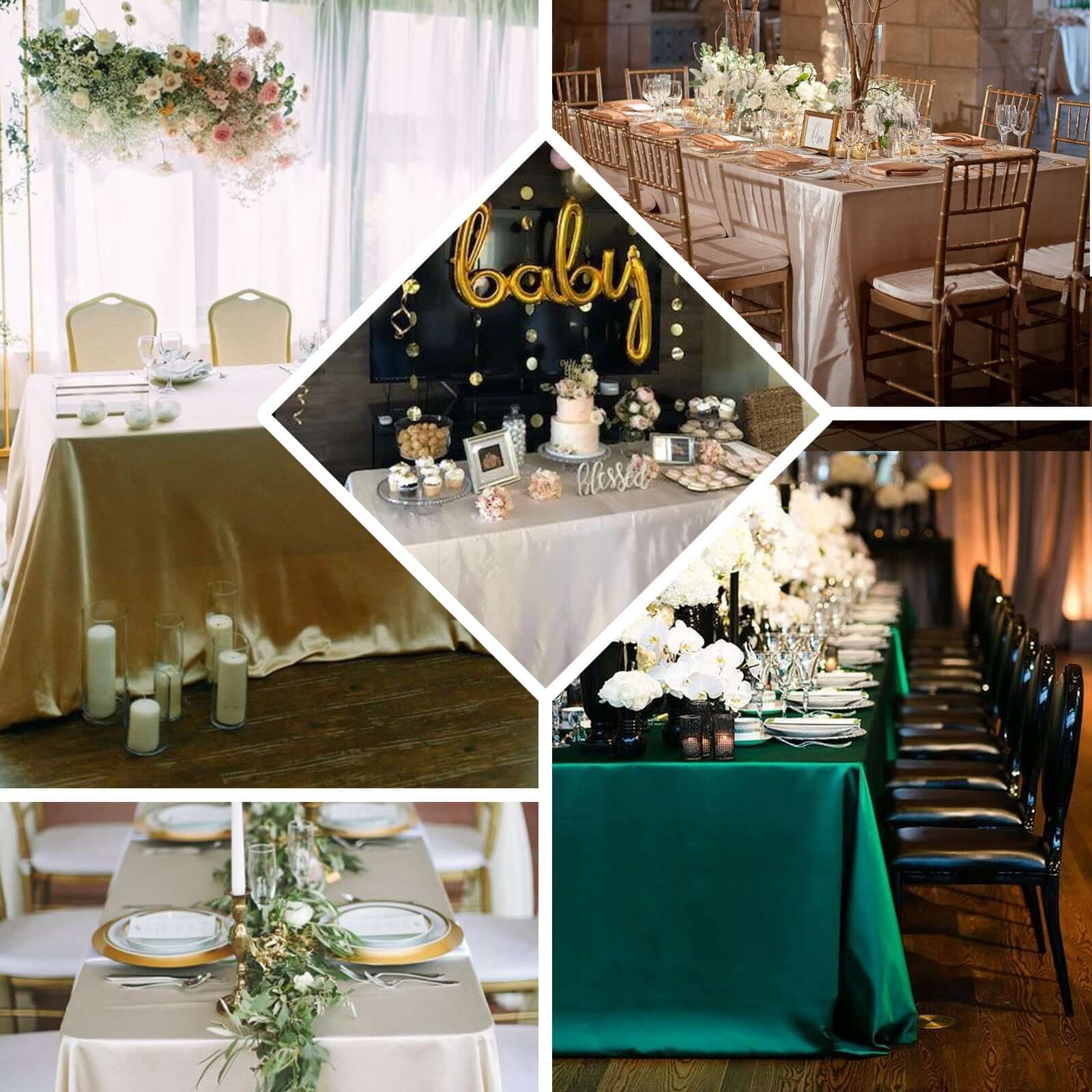 Light blue satin tablecloth for 8-foot table with floor-length drop.