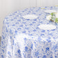 120" White Blue Seamless Satin Round Tablecloth in French Toile Floral Pattern, Wrinkle Resistant Tablecloth for 5 Foot Table With Floor-Length Drop